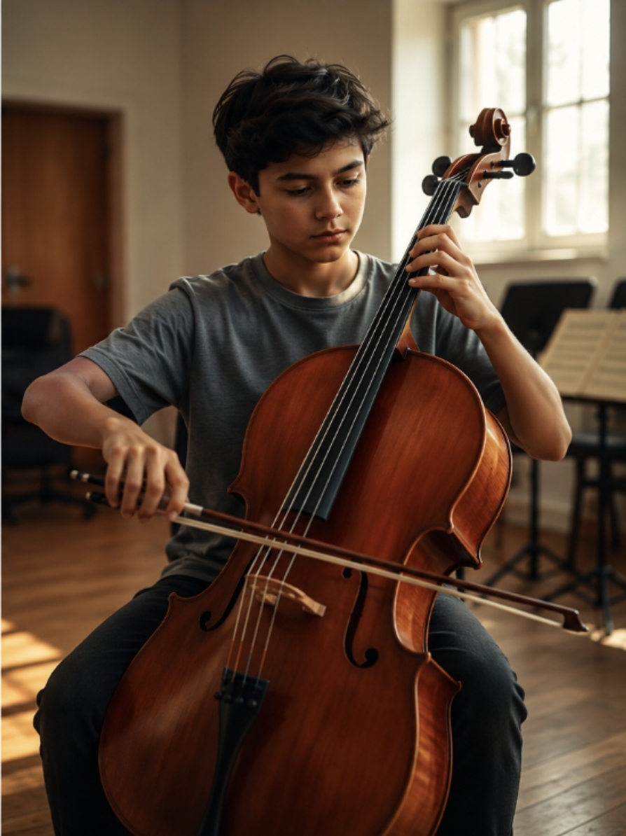 Ung cellist som övar i ett ljust musikrum